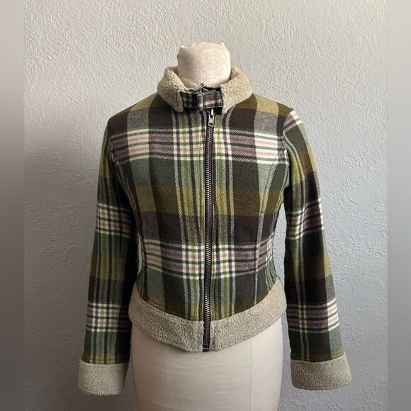 Free People Plaid Green & Brown zip up Jacket Size Small Petite - Picture 2 of 12